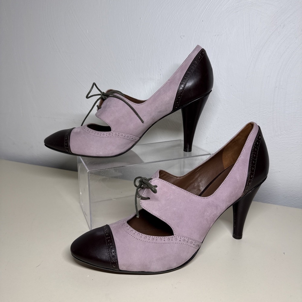 VIA SPIGA KELIS Pink Suede Brown Leather Designer Lace Up Pumps 11 M Cap Toe